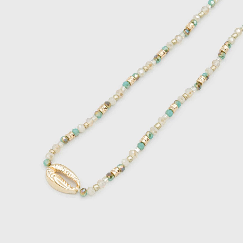 GLASS BEADS NECKLACE WITH METAL SHELL - TURQUOISE