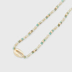 GLASS BEADS NECKLACE WITH METAL SHELL - TURQUOISE